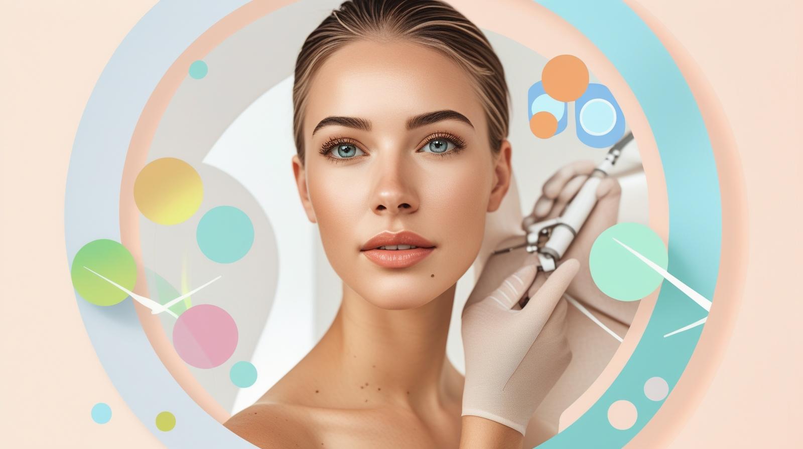 Real image for beauty girl soft with background color 6ec1e4 in lazar hair removal clinic but image in circle and make background more color circles with colors like this creative and simple