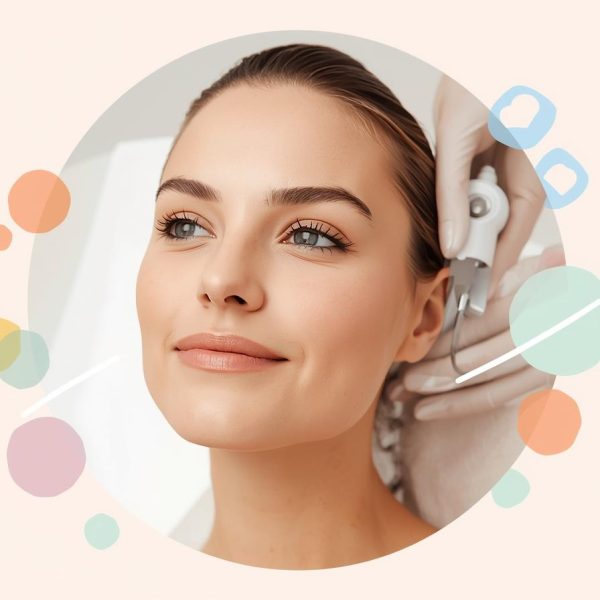 Real image for beauty girl with background color 6ec1e4 in lazar hair removal clinic but image in circle and make background more color circles with colors like this creative AND simple 600x600