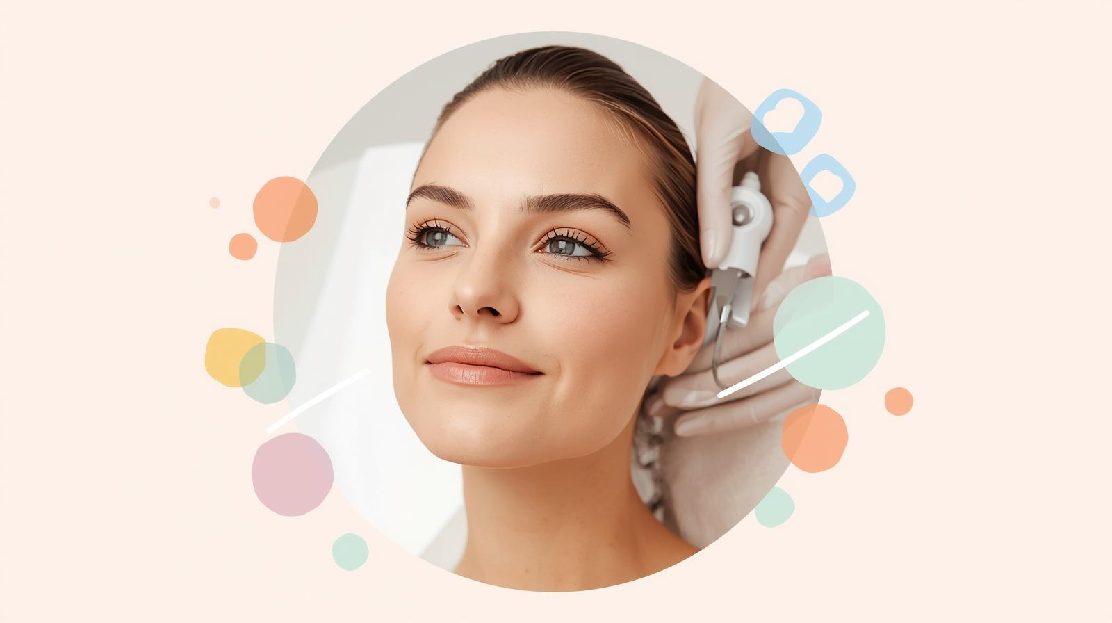 Real image for beauty girl with background color 6ec1e4 in lazar hair removal clinic but image in circle and make background more color circles with colors like this creative AND simple