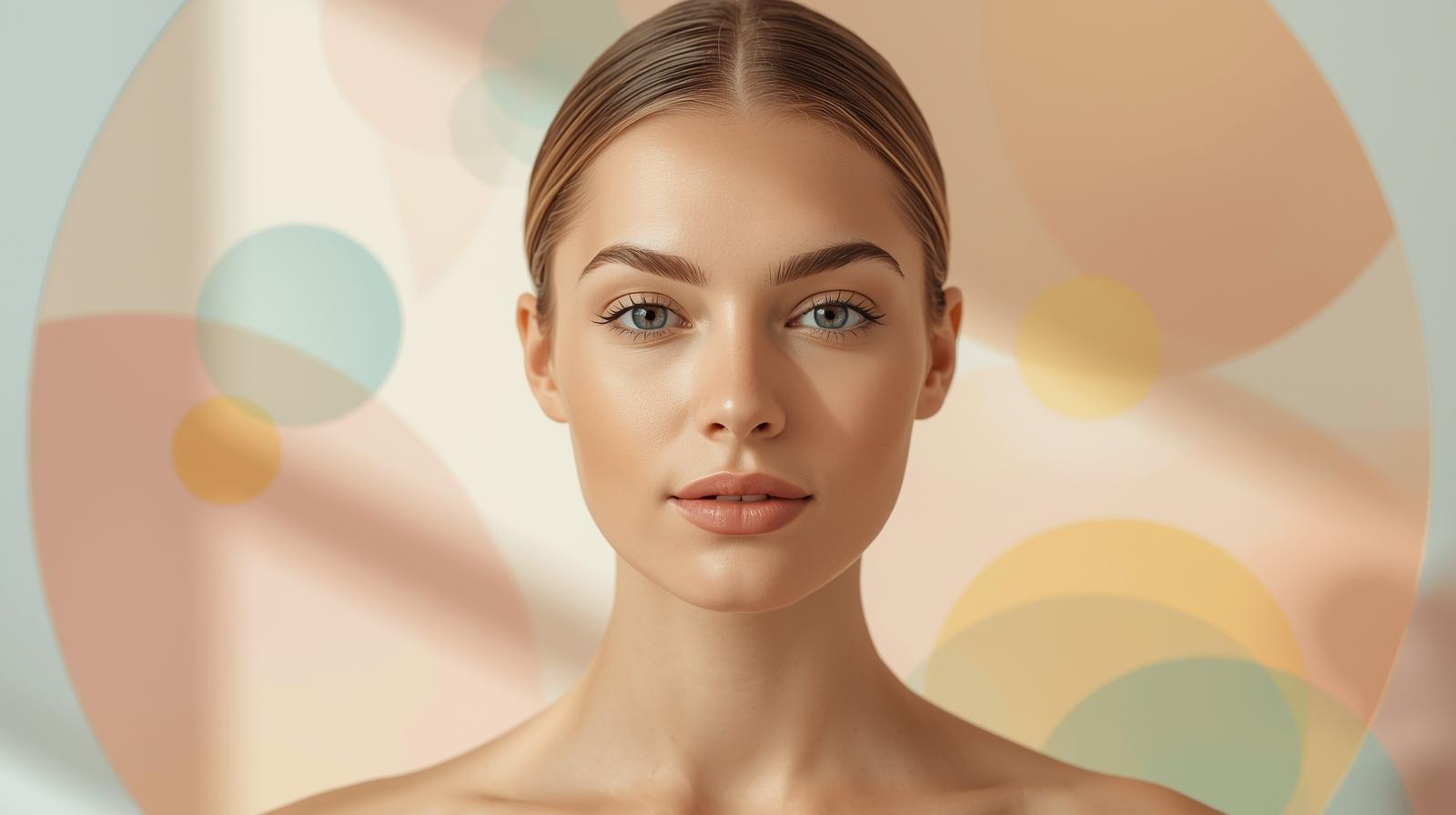 Real image for beauty girl with background color 6ec1e4 in lazar hair removal clinic but image in circle and make background more color circles with colors like this creative more