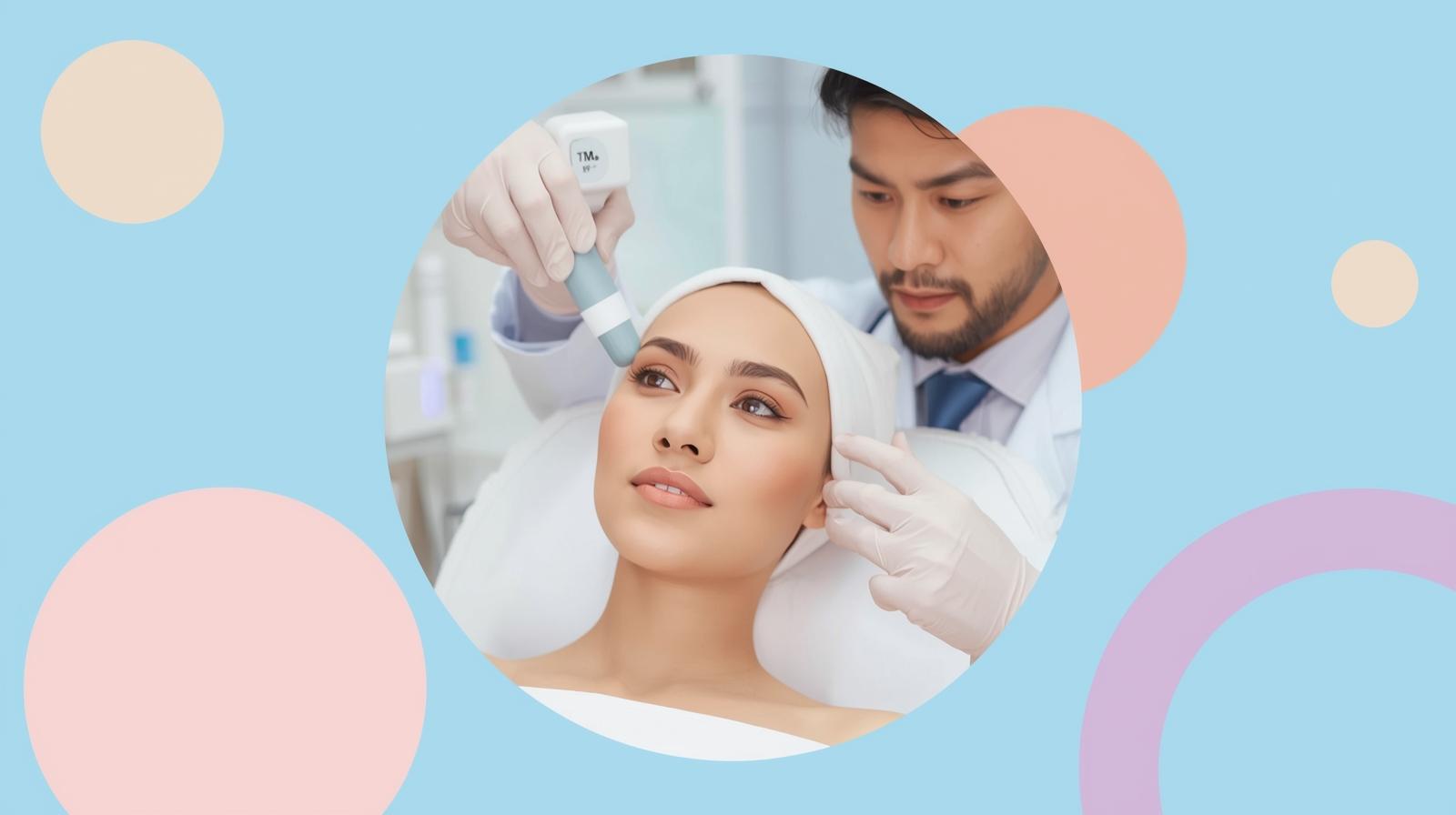 Real image for beauty girl with doctor with background color 6ec1e4 in lazar hair removal clinic but image in circle and make background more color circles with simple colors this creative 1