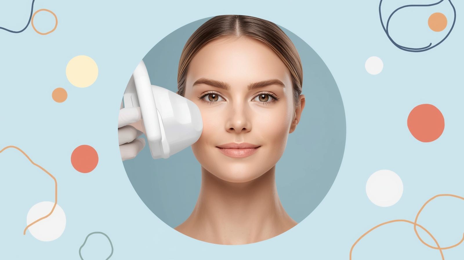 Real image for beauty girl with doctor with background color 6ec1e4 in lazar hair removal clinic but image in circle and make background more color circles with simple colors this creative
